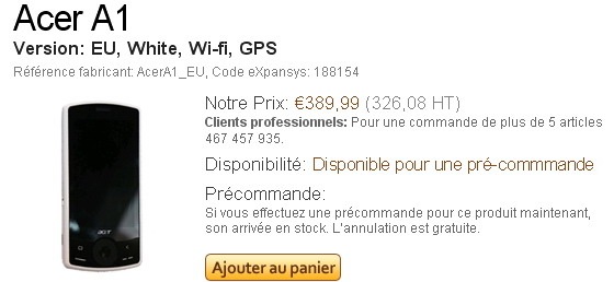 Acer A1 con Android 2.0 donut en pre orden