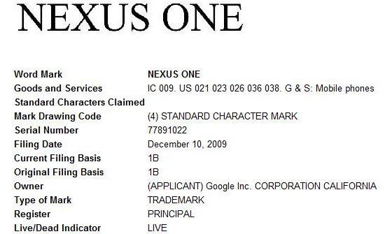 Google Nexus One Android registro de marca