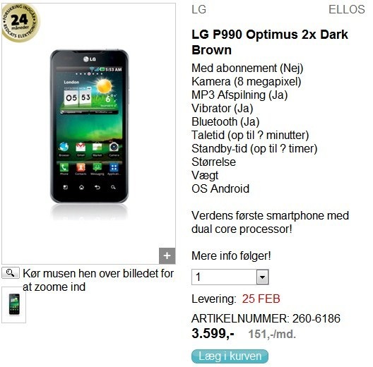 LG Optimus 2X para reservar en Dinamarca a 483 euros