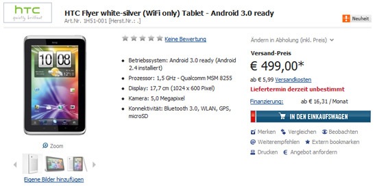 HTC Flyer versión solo Wi-Fi aparece en Alemania a 499 euros