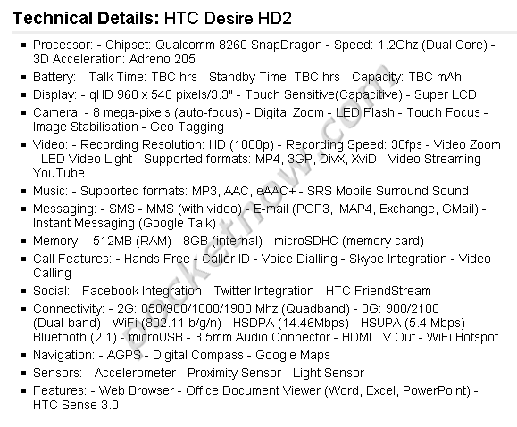 htc desire hd2 specs htc desire hd2 specs