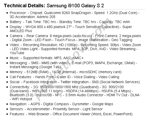 caracteristicas Samsung Galaxy S 2 caracteristicas Samsung Galaxy S 2