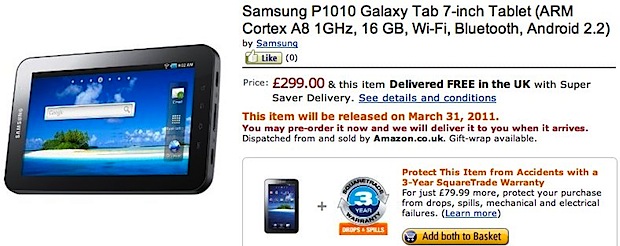 Samsung Galaxy Tab P1010 con sólo WiFi disponible en Amazon UK por 300 libras