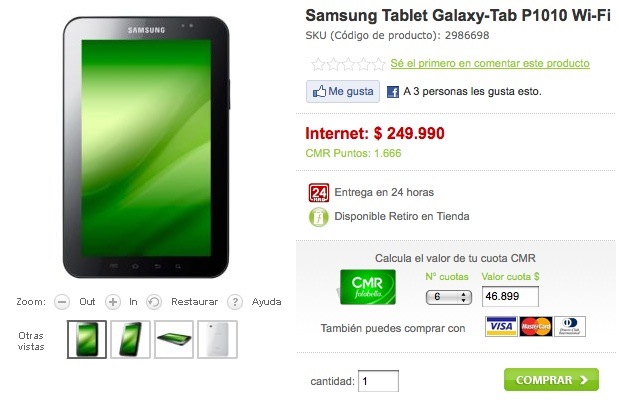 Samsung Galaxy Tab Wi-Fi P1010 disponible en Falabella Chile