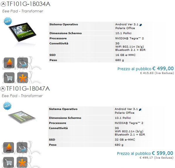 asus eee pad transformer 3G italia