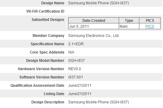Bluetooth SIG Galaxy S II WP7 Bluetooth SIG Galaxy S II WP7