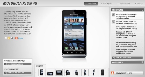 Motorola Milestone 3 llega como Motorola XT860 4G a Canadá