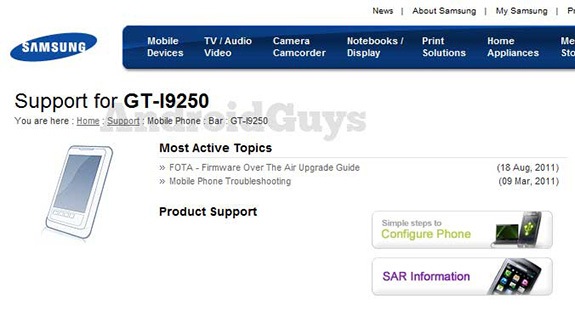 Samsung GT-i9250 obtiene página de soporte, Nexus Prime pronto?