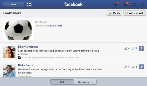 Facebook para BlackBerry PlayBook actualizado con soporte para Grupos, multimedia mejorado