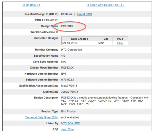 HTC One Mini Bluetooth SIG