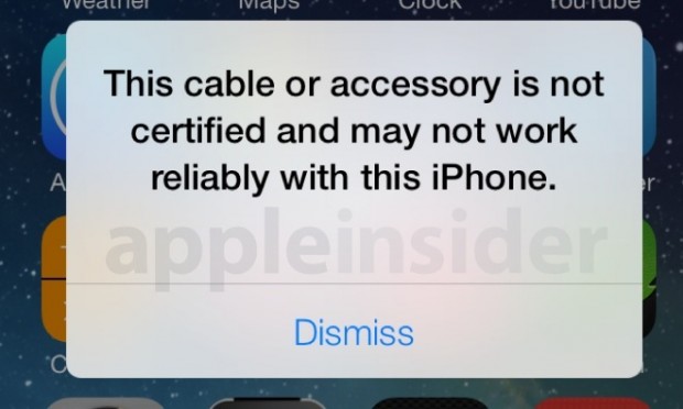 iOS 7 advierte sobre cables Lightning no certificados