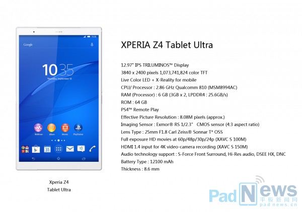 Sony Xperia Z4 Tablet Ultra: pantalla 4K y 6GB de RAM, según reporte