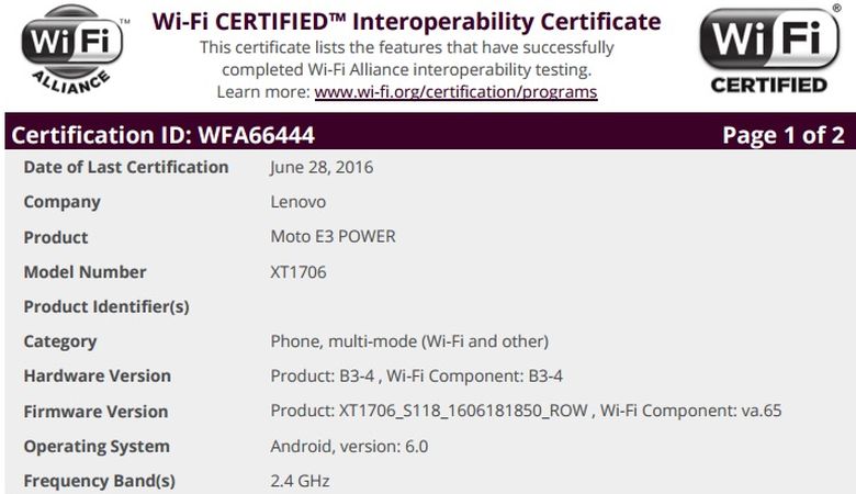 Moto E3 Power recibe certificación Wi-Fi