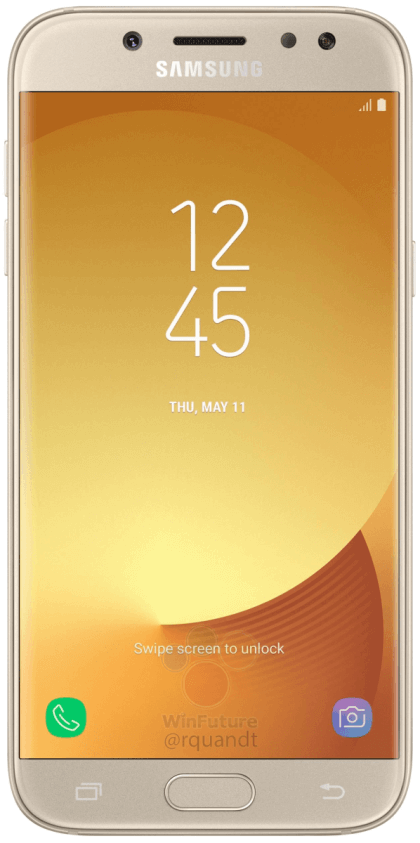 Render filtrado del frente del Samsung Galaxy J5 (2017) color dorado.