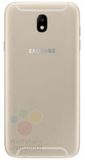 Render filtrado del reverso del Samsung Galaxy J5 (2017) color dorado.