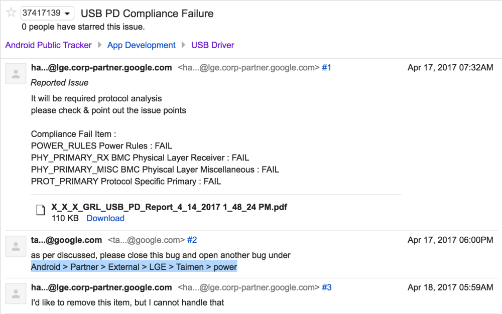 Correspondencia entre LG y Google sobre bugs de un dispositivo Taimen.