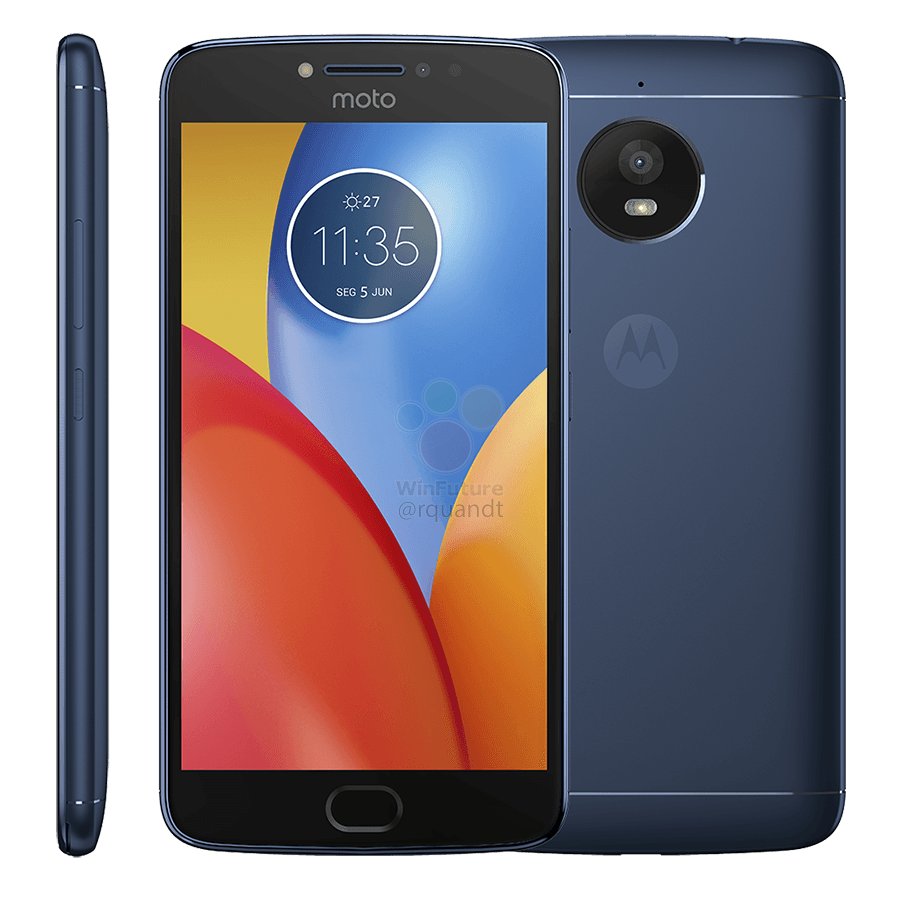 Frente, parte del dorso y arista izquierda del Motorola Moto E4 Plus azul oscuro.