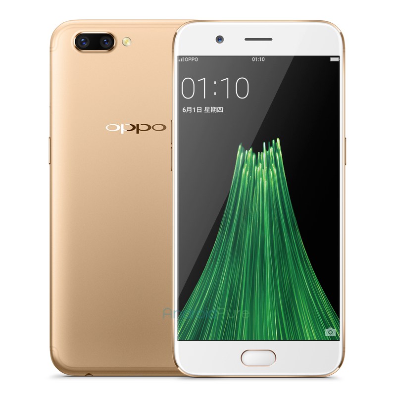 Frente y parte del dorso del OPPO R11 dorado.