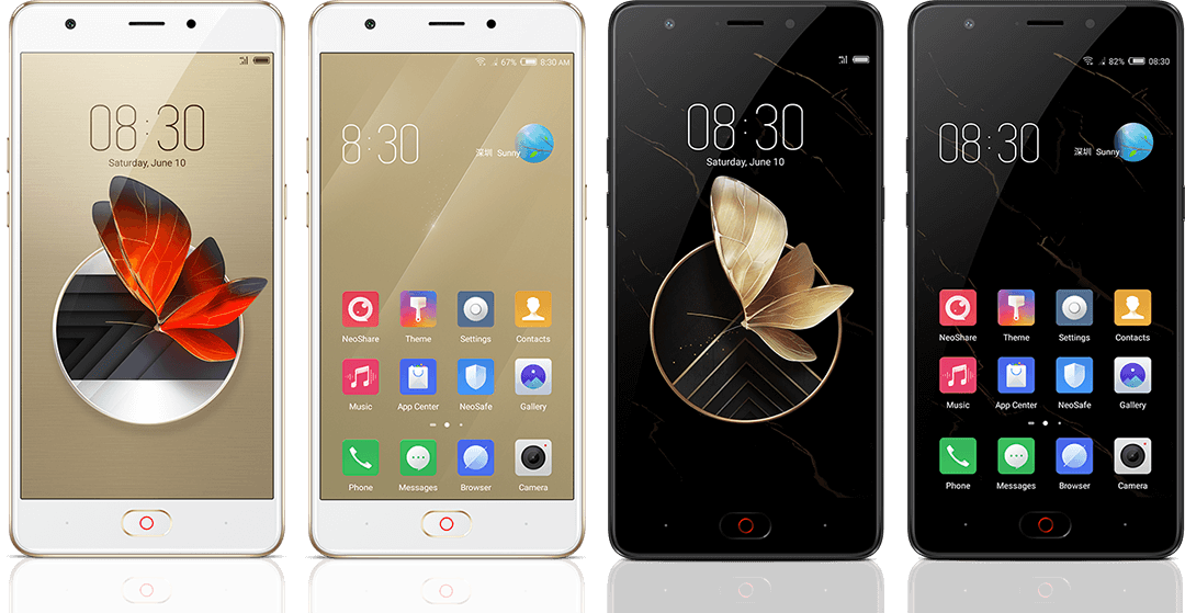Frentes de los ZTE Nubia M2 Play dorado y negro.