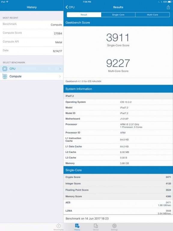 Especificaciones en Geekbench de la iPad Pro de 10,5 pulgadas.