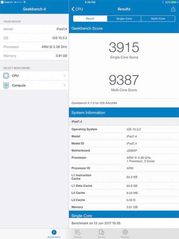 Especificaciones en Geekbench de la iPad Pro de 12,9 pulgadas.