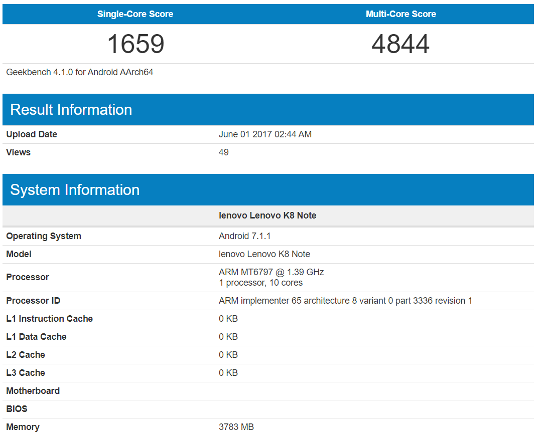 Registro en Geekbench del Lenovo K7 Note o Lenovo K8 Note.