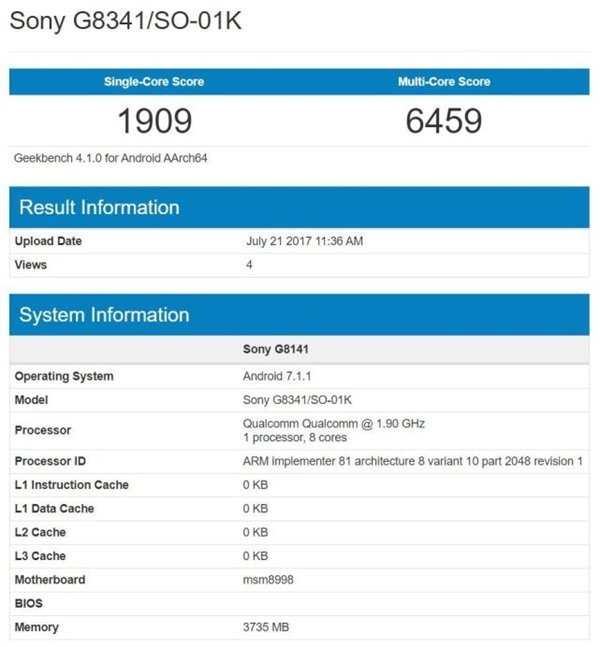 Características en Geekbench del Sony G8341/SO-01K.