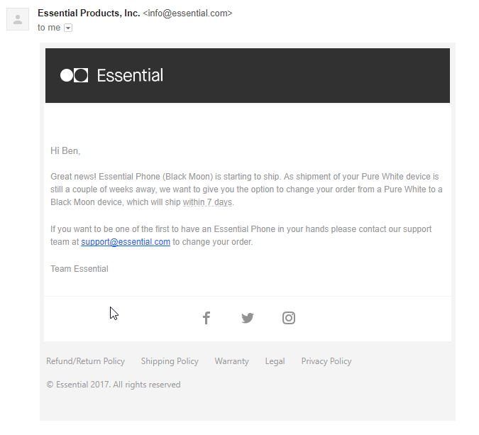 Mail de notificación de disponibilidad del Essential PH-1 Black Moon. 