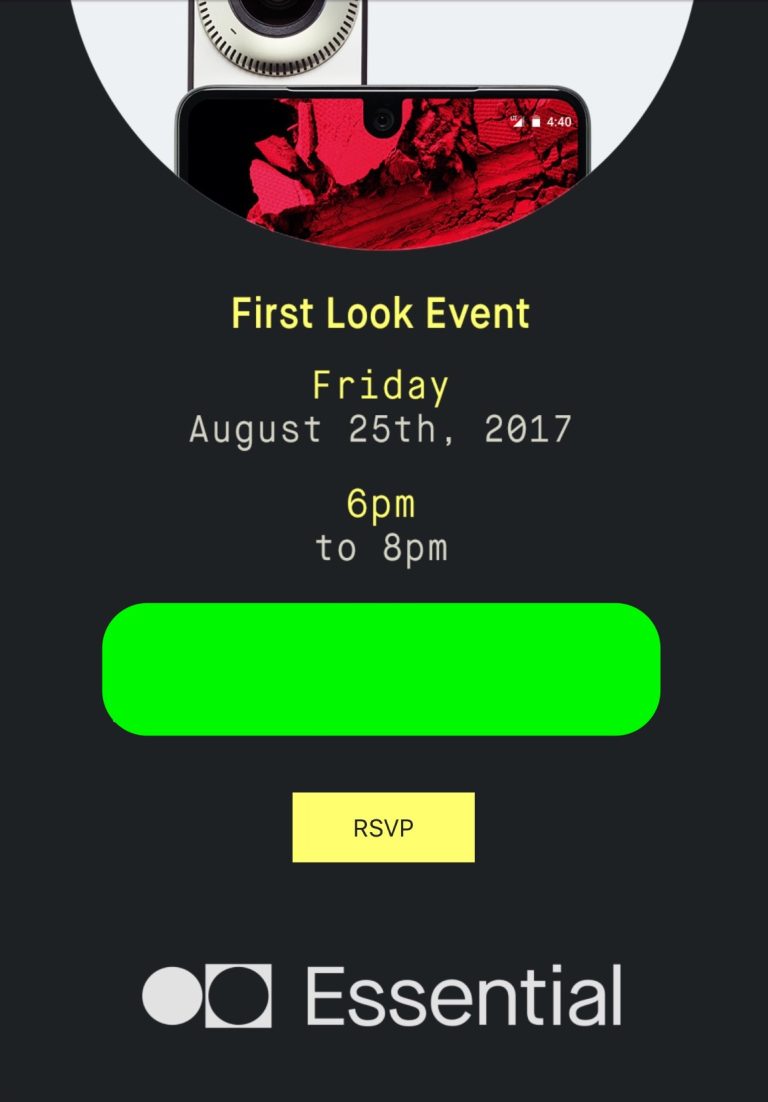 Invitación al evento de exhibición del Essential PH-1.