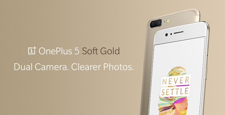 Banner publicitario oficial del OnePlus 5 Soft Gold.