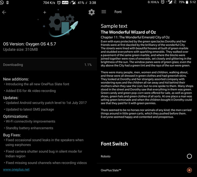 Capturas de pantalla listando el contenido de la versión 4.5.7 de OxygenOS.