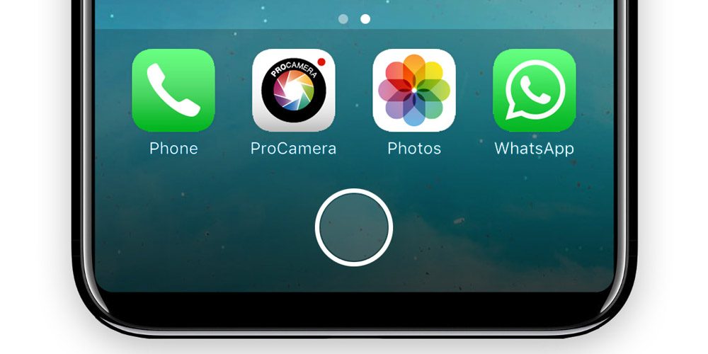 Render ilustrativo de la barra de aplicaciones y botón de menú digital del iPhone 8.