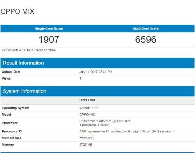 Captura de una prueba en Geekbench realizada en China registrando un OPPO Mix.