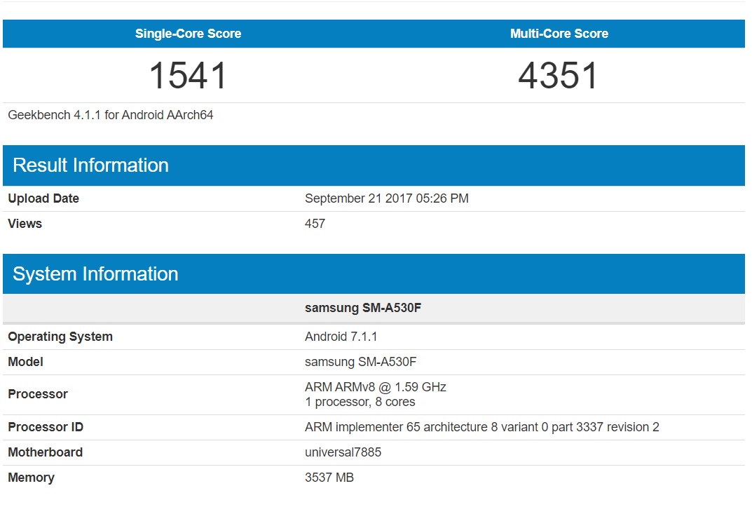 Resultados en Geekbench del supuesto Samsung Galaxy A5 (2018).
