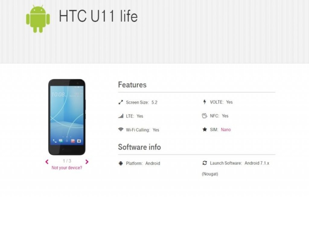 Captura de pantalla del HTC U11 Life en el sitio oficial de T-Mobile.