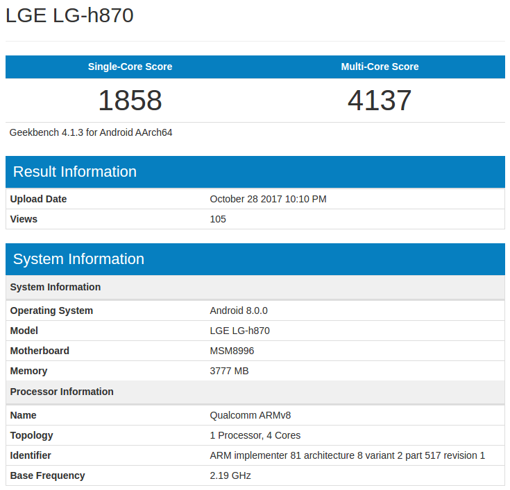 Resultados de una de las variantes del LG G6 con Android 8.0 Oreo en Geekbench.