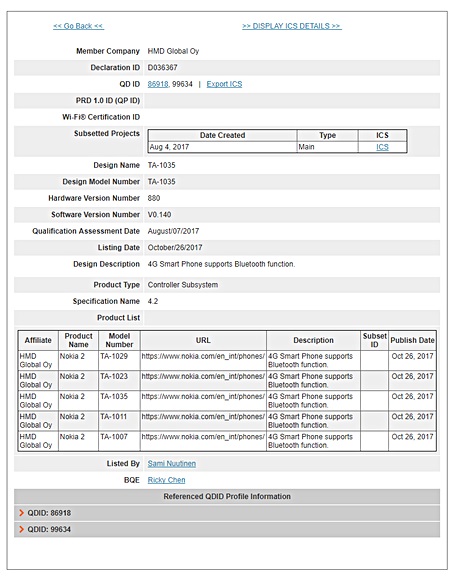 Captura de la certificación Bluetooth del Nokia 2.