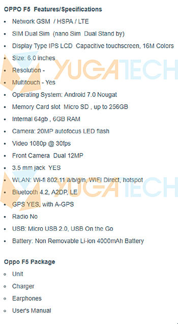Supuestas caractersíticas del OPPO F5 filtradas en Yugatech.