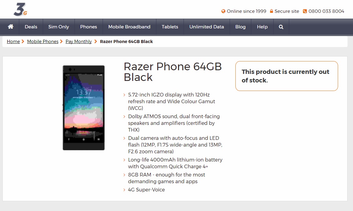 Captura del supuesto diseño y características del Razer Phone en el sitio 3G UK.