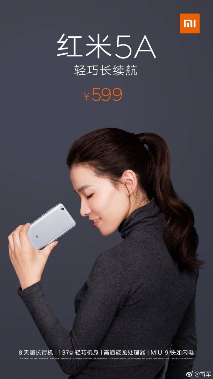 Póster oficial del Xiaomi Redmi 5A color plateado.