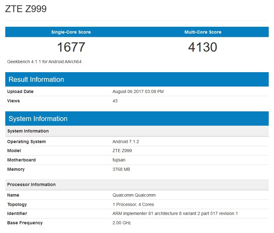 Especificaciones en Geekbench del ZTE Z999 o ZTE "Axon Multy".