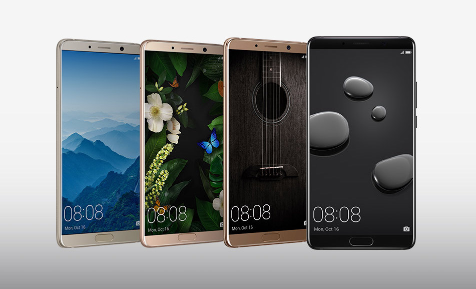 Render oficial del Huawei Mate 10 mostrando el frente de cuatro colores diferentes.
