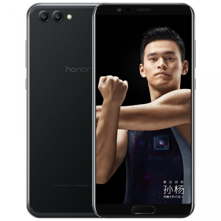 Render oficial del frente y casi todo el dorso del Huawei Honor V10 negro.