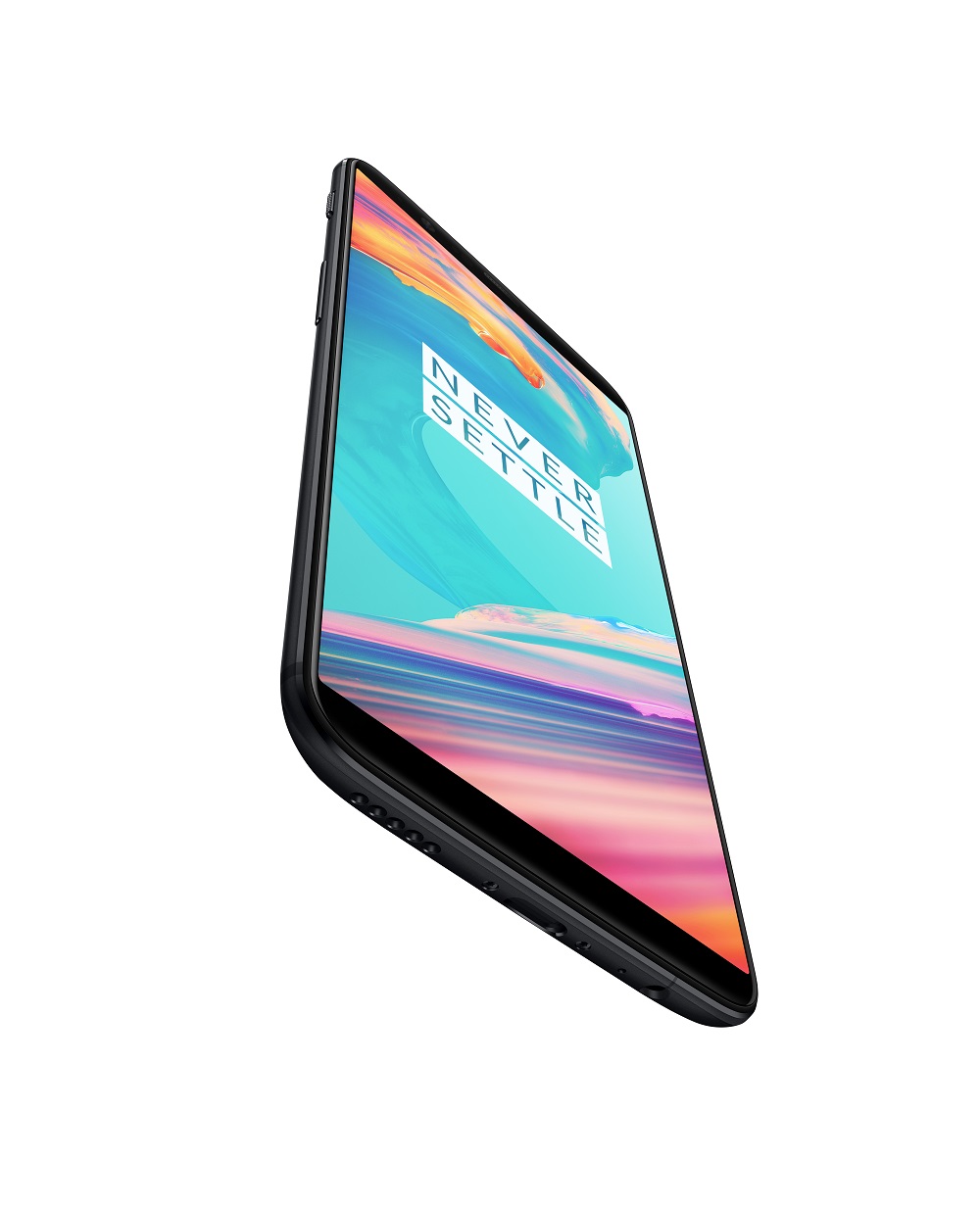 Render oficial del OnePlus 5T mostrando su arista inferior y su arista izquierda.