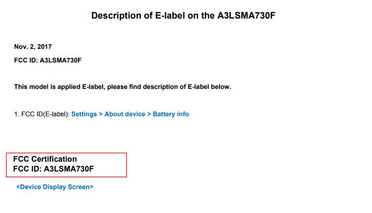 Constancia de la certificación FCC para el Samsung Galaxy A7 (2018).