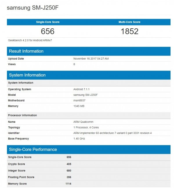 Captura de las características del Samsung "SM-J250F" en Geekbench.