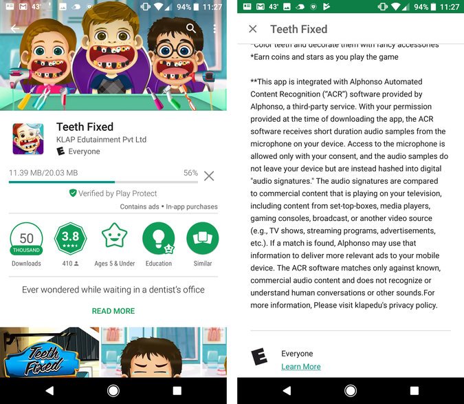 Captura de pantalla de la aplicación "Teeth Fixed" reconociendo el uso de software Alphonso.