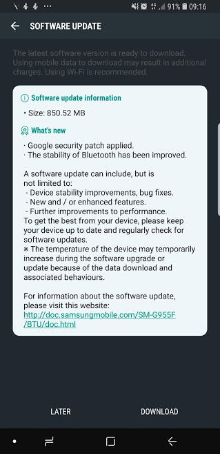 Captura de pantalla de la llegada de la cuarta beta de Android Oreo para el Samsung Galaxy S8/S8+.