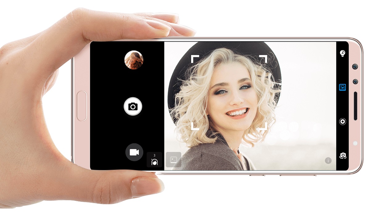Render oficial del Huawei Nova 2S tomando una fotografía en modo apaisado. 