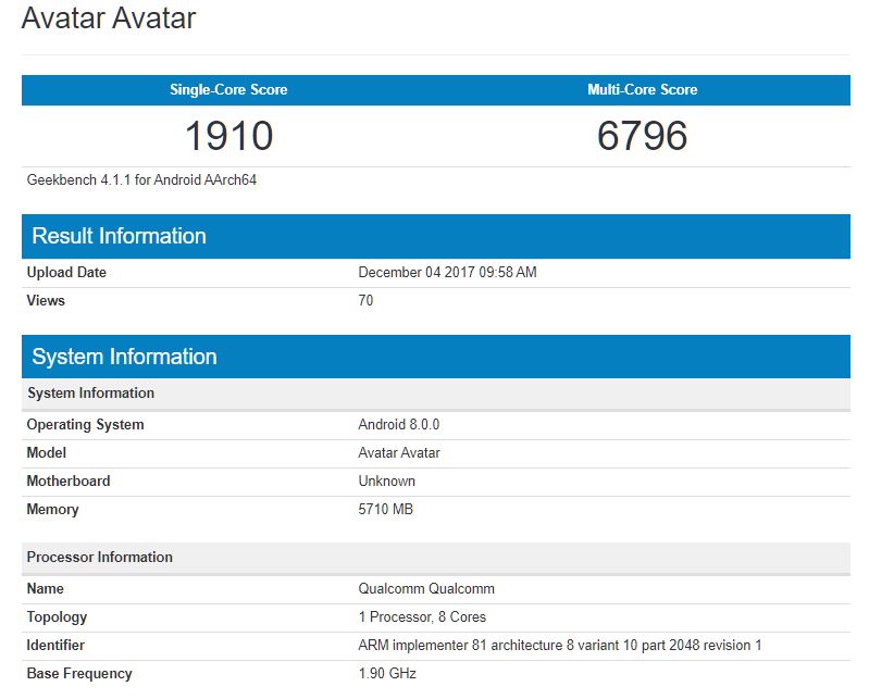 Resultados de benchmarking del presunto Nokia 9 en el sitio Geekbench.